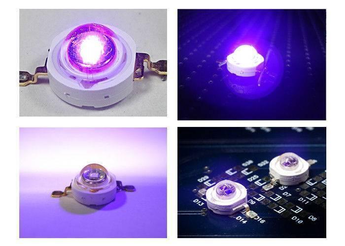 High Power UV LED Chip 3W Purple UV Ultraviolet Bulb Lamp 1 Heat Sink Plus 1 UV LED Light - with a heat sink, both powered on and unpowered on a circuit board.
