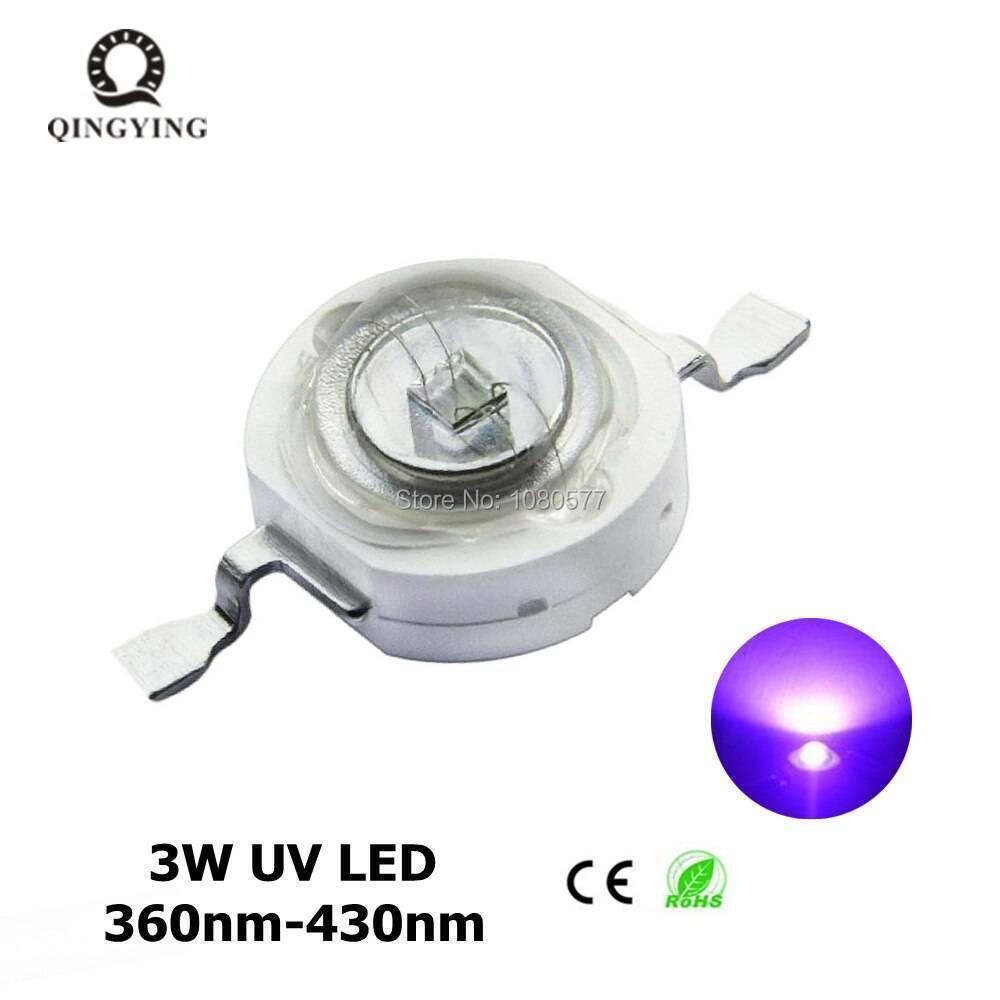 High Power UV LED Chip 3W Purple UV Ultraviolet Bulb Lamp 1 Heat Sink Plus 1 UV LED Light - with two metal contact leads, shown with a circular purple light glow effect.