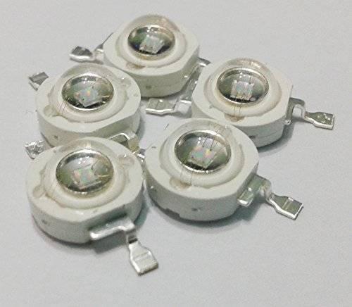 High Power UV LED Chip 3W Purple UV Ultraviolet Bulb Lamp 1 Heat Sink Plus 1 UV LED Light - collection of five circular white LED components with metallic contact pins arranged on a plain white surface.