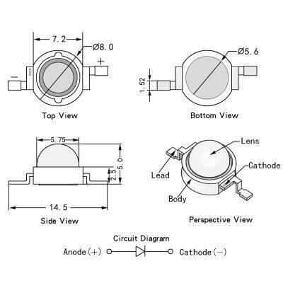 High Power UV LED Chip 3W Purple UV Ultraviolet Bulb Lamp 1 Heat Sink Plus 1 UV LED Light - technical dimension diagram showing top, bottom, side, and perspective views with labeled parts and a circuit diagram.