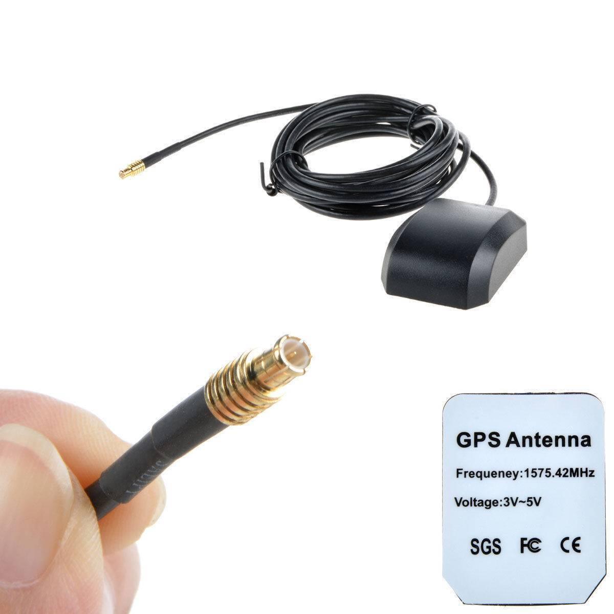GPS Antenna Active Mcx Male Straight Connector With 3m Extension Cable Magnetic Type - a black magnetic antenna with a 3m cable, a close-up of the gold connector, and a label with specs.