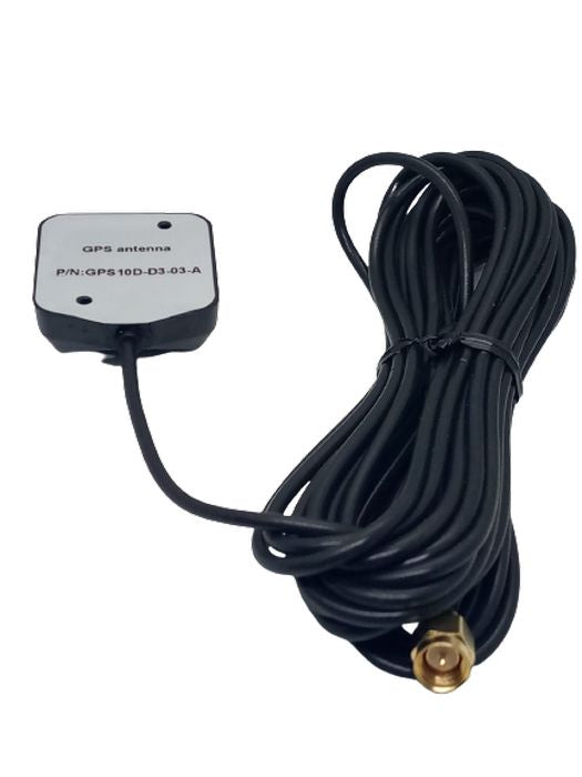 GPS Antenna - External Active Antenna - a black square-shaped antenna with a long cable and a gold-colored SMA connector at the end.