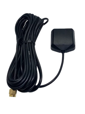 GPS Antenna - External Active Antenna - shown as a black rectangular antenna module connected to a long black cable ending in a gold SMA connector.