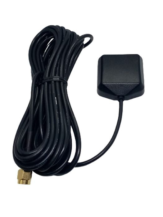 GPS Antenna - External Active Antenna - shown as a black rectangular antenna module connected to a long black cable ending in a gold SMA connector.