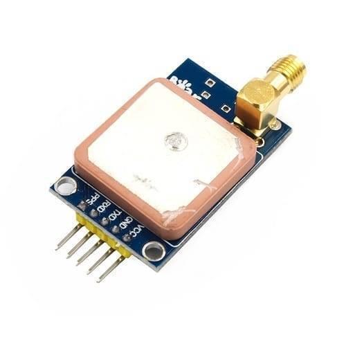 GPS Module Neo 6m Satellite Positioning Micro USB 51 MCU For STM32 Arduino - a blue circuit board featuring a square ceramic antenna, a gold-coloured SMA connector, and a row of five metal header pins.