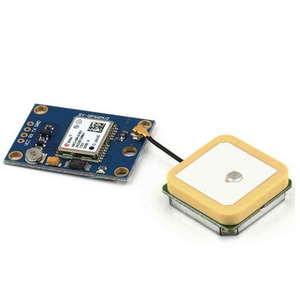 GPS Module Neo-6m V2 Ublox - a blue circuit board with four pins and an external square antenna connected by a short black cable.