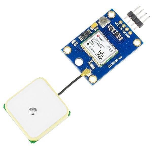 GPS Module Neo-6m V2 Ublox - a blue rectangular circuit board with a white ceramic antenna connected by a thin black wire and a four-pin header.