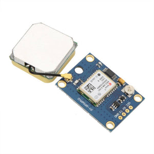 GPS Module Neo-6m V2 Ublox - a blue rectangular circuit board with a silver antenna connected by a black cable and four gold-plated pin headers.