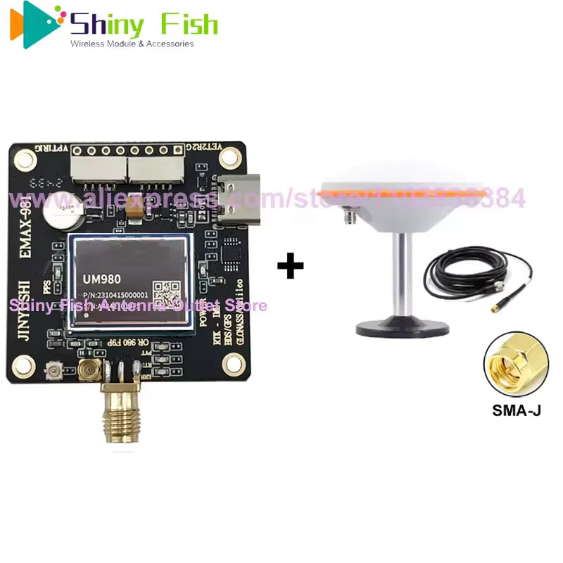 GPS Module Zed-f9pdm Gnss Rtk Module With Antenna – Centimeter-level Precision For Industrial Applications - a black circuit board labeled UM980 with a gold connector, a white mushroom antenna, and cable.