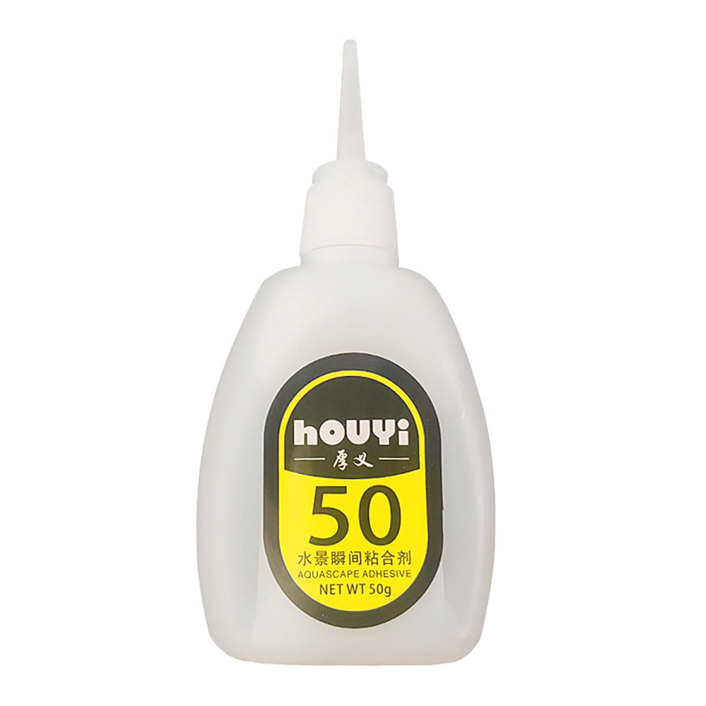 Gr 50G Fast-drying Glue Strong Adhesive Safe Non-toxic Glue Aquarium Landscape Supplies - a white, translucent plastic squeeze bottle with a pointed nozzle and a label reading "houyi 50" and "AQUASCAPE ADHESIVE.