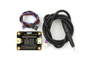 Gravity Analog Tds Sensor Meter For Arduino By Dfrobot - kit: a small black interface board marked TDS Meter V1.0, a three-wire signal lead and the black probe on its cable.