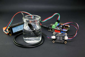Gravity Analog Tds Sensor Meter For Arduino By Dfrobot - probe, a circuit board, and an LCD screen showing text.