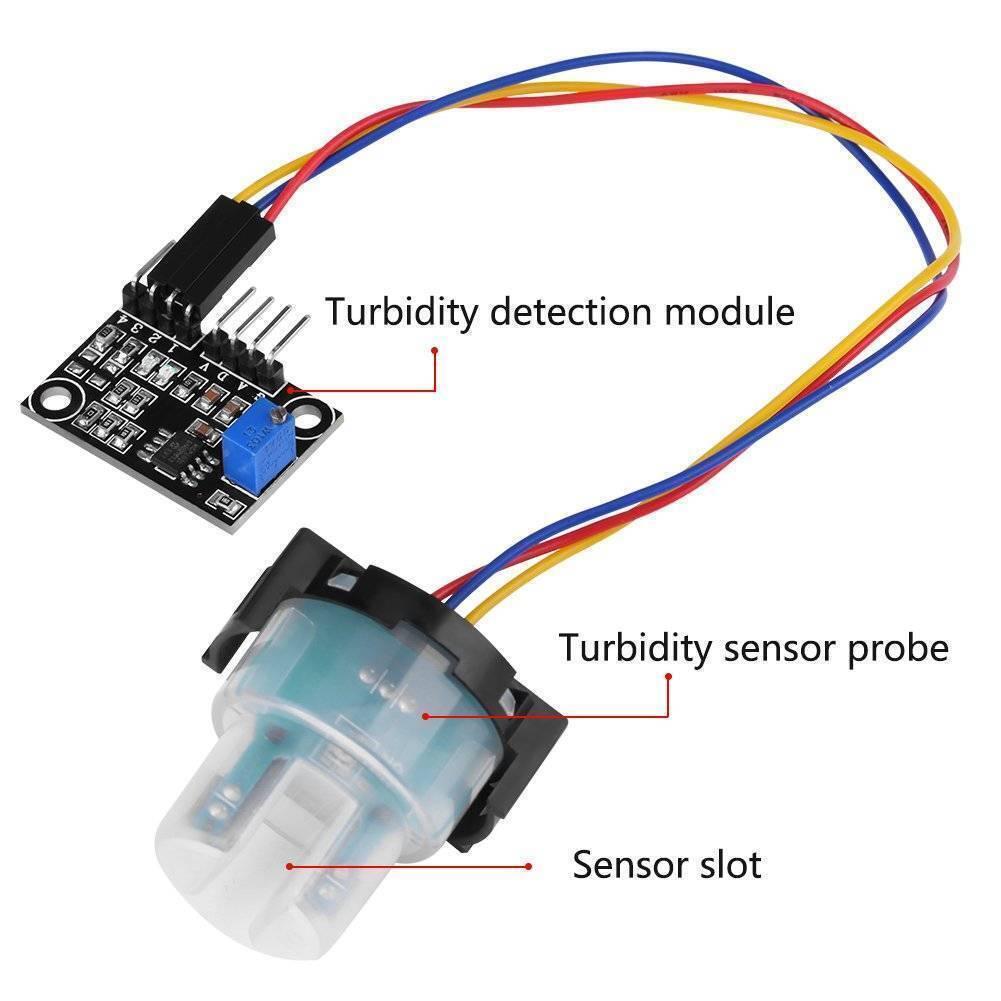 Gravity Arduino Analog Turbidity Sensor - a black circuit board with a blue potentiometer connected by three wires to a translucent plastic probe.