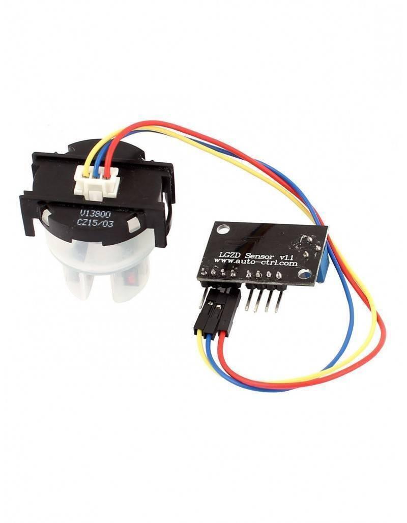 Gravity Arduino Analog Turbidity Sensor - a white plastic sensor head connected by a three-wire cable to a black circuit board with a blue knob.