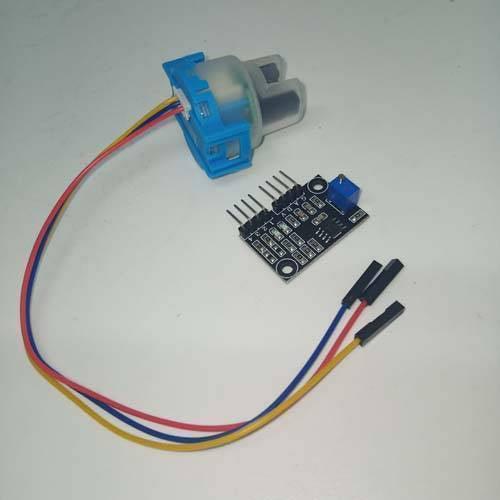 Gravity Arduino Analog Turbidity Sensor - shown with its blue sensor probe, signal converter board with a blue potentiometer, and three jumper wires.