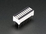 Green 10 Segment Light Bar Graph LED Display - a rectangular component with ten white rectangular light segments and twenty metal pins on the bottom.