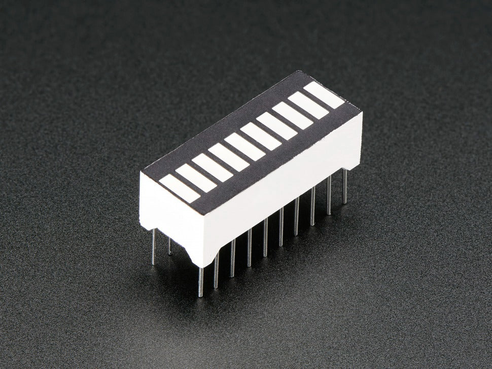 Green 10 Segment Light Bar Graph LED Display - a rectangular component with ten white rectangular light segments and twenty metal pins on the bottom.
