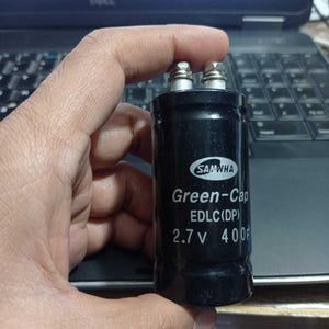 Green-cap 2.7V 400F Super Capacitor - a black cylindrical body with two top screw terminals and printed technical specifications.