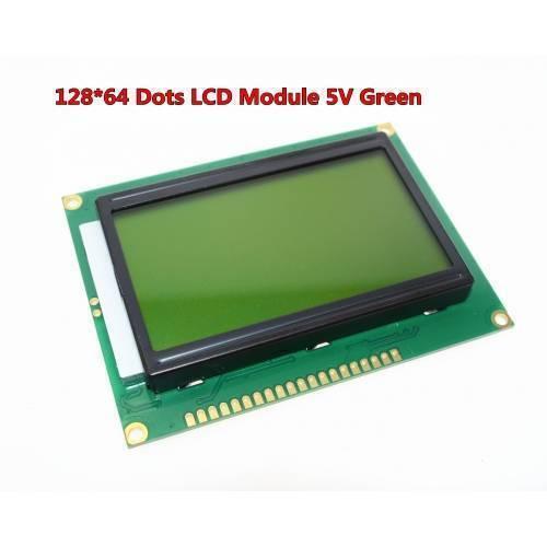 Green Color 128x64 Graphical LCD Display Green - a rectangular green graphical LCD module with a black frame mounted on a green circuit board.