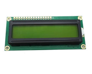 Green Color 1602 Character LCD Display 16x2 LCD Display - a rectangular green screen module with a black frame and 16 gold-plated pin connectors.