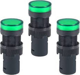 Green Indicator Light AC/DC 24V, 16mm Panel Mount, For Electrical Control Panel, Hvac, DIY Projects - three identical cylindrical green LED indicator lights with threaded bodies arranged vertically.