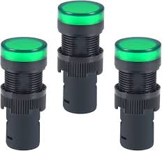 Green Indicator Light AC/DC 24V, 16mm Panel Mount, For Electrical Control Panel, Hvac, DIY Projects - three identical cylindrical green LED indicator lights with threaded bodies arranged vertically.