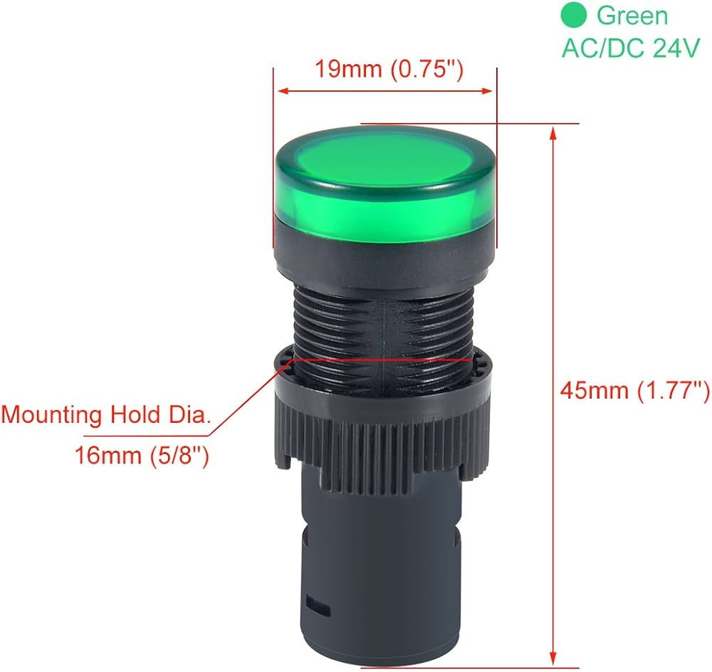 Green Indicator Light AC/DC 24V, 16mm Panel Mount, For Electrical Control Panel, Hvac, DIY Projects - shown in a dimension diagram with a 16mm mounting hole diameter, 19mm top width, and 45mm total height.