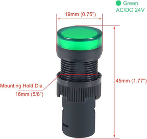 Green Indicator Light AC/DC 24V, 16mm Panel Mount, For Electrical Control Panel, Hvac, DIY Projects - shown in a dimension diagram with a 16mm mounting hole diameter, 19mm top width, and 45mm total height.