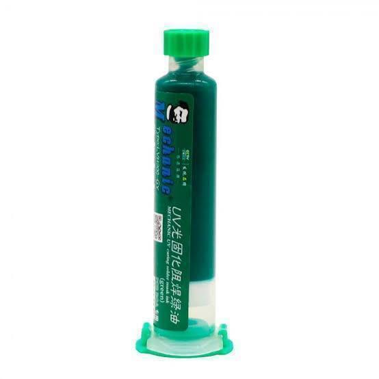 Green Mechanic UV Curable 10CC Solder Mask Ink PCB Fixing Repairing Welding Oil Paint Prevent Corrosive Arcing - syringe-style tube with a screw-on cap and a plunger base standing upright.