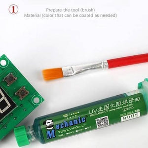 Green Mechanic UV Curable 10CC Solder Mask Ink PCB Fixing Repairing Welding Oil Paint Prevent Corrosive Arcing - tube of solder mask, a small paintbrush, and a section of a green printed circuit board.