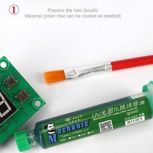 Green Mechanic UV Curable 10CC Solder Mask Ink PCB Fixing Repairing Welding Oil Paint Prevent Corrosive Arcing - tube of solder mask, a small paintbrush, and a section of a green printed circuit board.