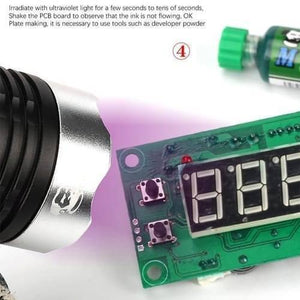 Green Mechanic UV Curable 10CC Solder Mask Ink PCB Fixing Repairing Welding Oil Paint Prevent Corrosive Arcing - shown being cured on a green PCB with a digital display by a UV flashlight.