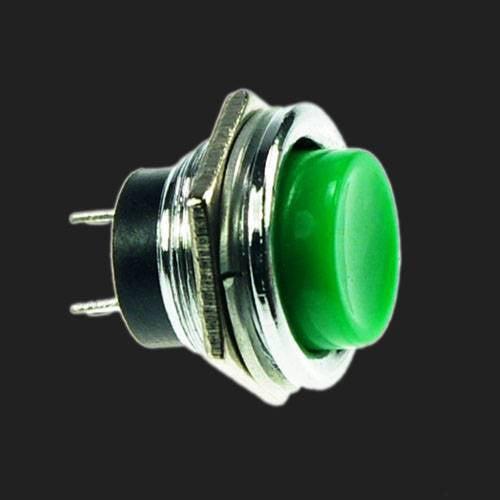 Green Momentary Spst Cap Push Button Switch AC 6A 125V 3A 250V Lwus - a close-up of a round green button with a silver metal housing and two metal pins on the back.