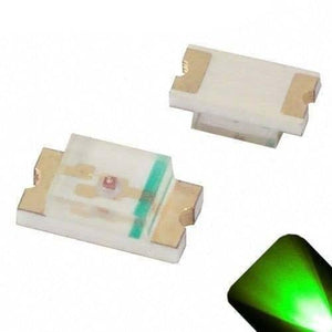 Green SMD 1206 LED Super Bright Light Emitting Diode - shown as two small surface-mount components with a green light glow in the corner.