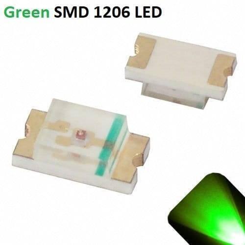 Green SMD 1206 LED Super Bright Light Emitting Diode - two small surface-mount light-emitting diodes with gold-plated contacts and a glowing green light effect in the corner.