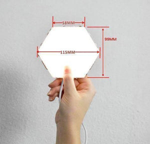 Green Touch Light Wall Mount Magnetic Modular (1pc) - a white hexagonal light panel held in a hand, showing its dimensions in millimeters.