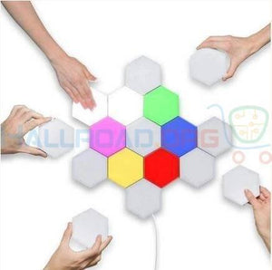 Green Touch Light Wall Mount Magnetic Modular (1pc) - multiple hexagonal light panels in white, green, pink, yellow, blue, and red being assembled.
