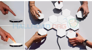 Green Touch Light Wall Mount Magnetic Modular (1pc) - multiple white hexagonal light panels being assembled by hands on a surface with one lit.