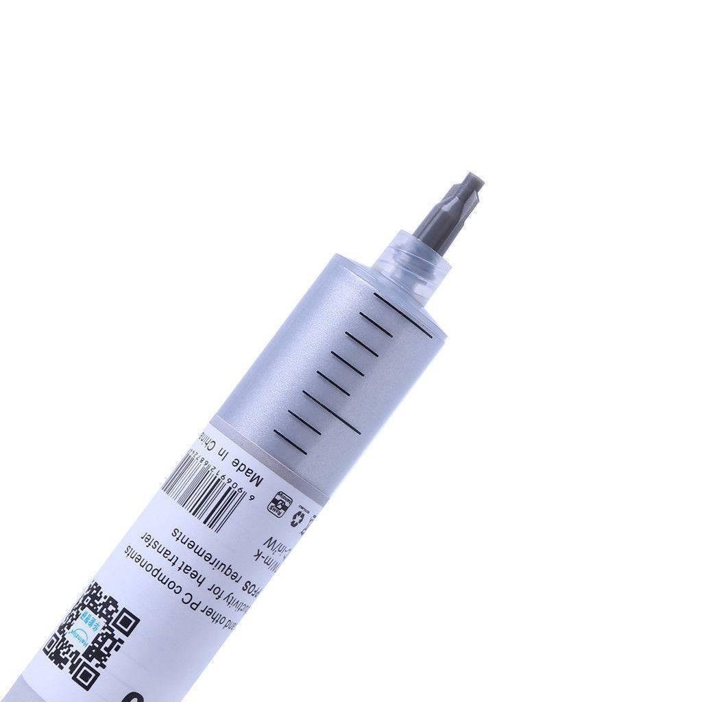 Grey White Heat Sink Thermal Grease Paste HY510-TU20 For CPU VGA LED Chip Set - a close-up of a grey plastic syringe with a barcode and printed text on its label.