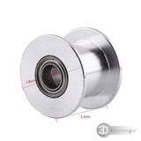 Gt-2 Idler Pulley Series 20T 10mm Belt Size 5mm Bore Without Teeth - a silver metal pulley with a central bearing and red dimension lines showing 1.8cm, 0.5cm, and 1.3cm.