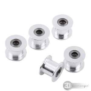 Gt-2 Idler Pulley Series 20T 10mm Belt Size 5mm Bore Without Teeth - five silver metal pulleys with central ball bearings arranged on a white background.