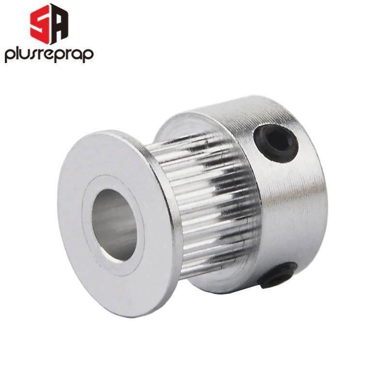 GT2 20 Teeth Timing Pulley Bore 6.35mm Shaft Aluminum Pulley For 6mm Belt 3d Printer Parts For NEMA23 - a silver aluminum cylindrical pulley with a central bore hole, side set screws, and a flanged edge.
