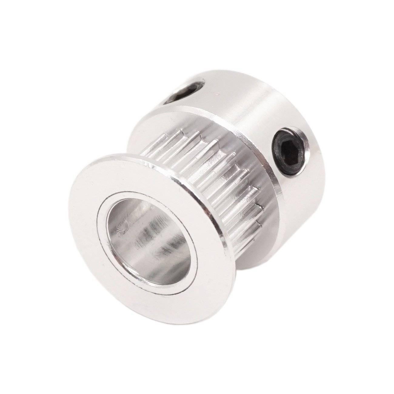 GT2 Pulley 16 Teeth Bore 5mm Timing Gear Alumium For GT2 Belt Width 13mm 3d Printer Accessories - a silver aluminum timing gear with a central bore, a flanged side, and two black set screws on the cylindrical body.