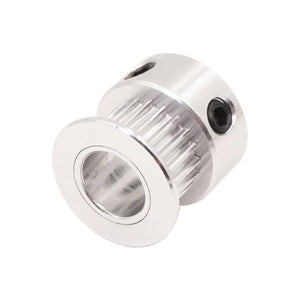 GT2 Pulley 16 Teeth Bore 5mm Timing Gear Alumium For GT2 Belt Width 13mm 3d Printer Accessories - a silver aluminum timing gear with a central bore, a flanged side, and two black set screws on the cylindrical body.