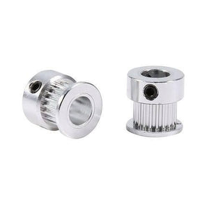 GT2 Pulley 20 Teeth 8mm Bore Timing Gear Aluminum Alloy Pulley For GT2 Belt - two silver aluminum alloy pulleys with a central bore and a small set screw on the side.