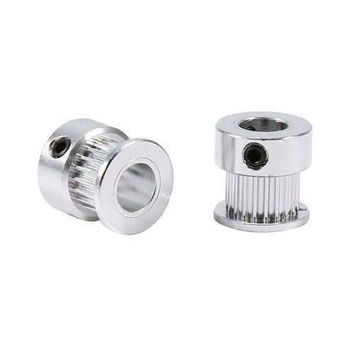 GT2 Pulley 20 Teeth 8mm Bore Timing Gear Aluminum Alloy Pulley For GT2 Belt - two silver aluminum alloy pulleys with a central bore and a small set screw on the side.