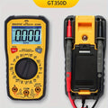 GT350D Professional Digital Multimeter - shown from the front and back, featuring a yellow and black casing, a digital screen displaying 0.000, and two test probes.