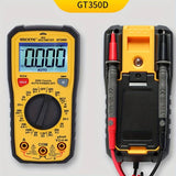 GT350D Professional Digital Multimeter - shown from the front and back, featuring a yellow and black casing, a digital screen displaying 0.000, and two test probes.