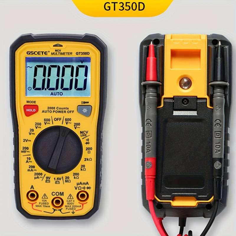 GT350D Professional Digital Multimeter - shown from the front and back, featuring a yellow and black casing, a digital screen displaying 0.000, and two test probes.