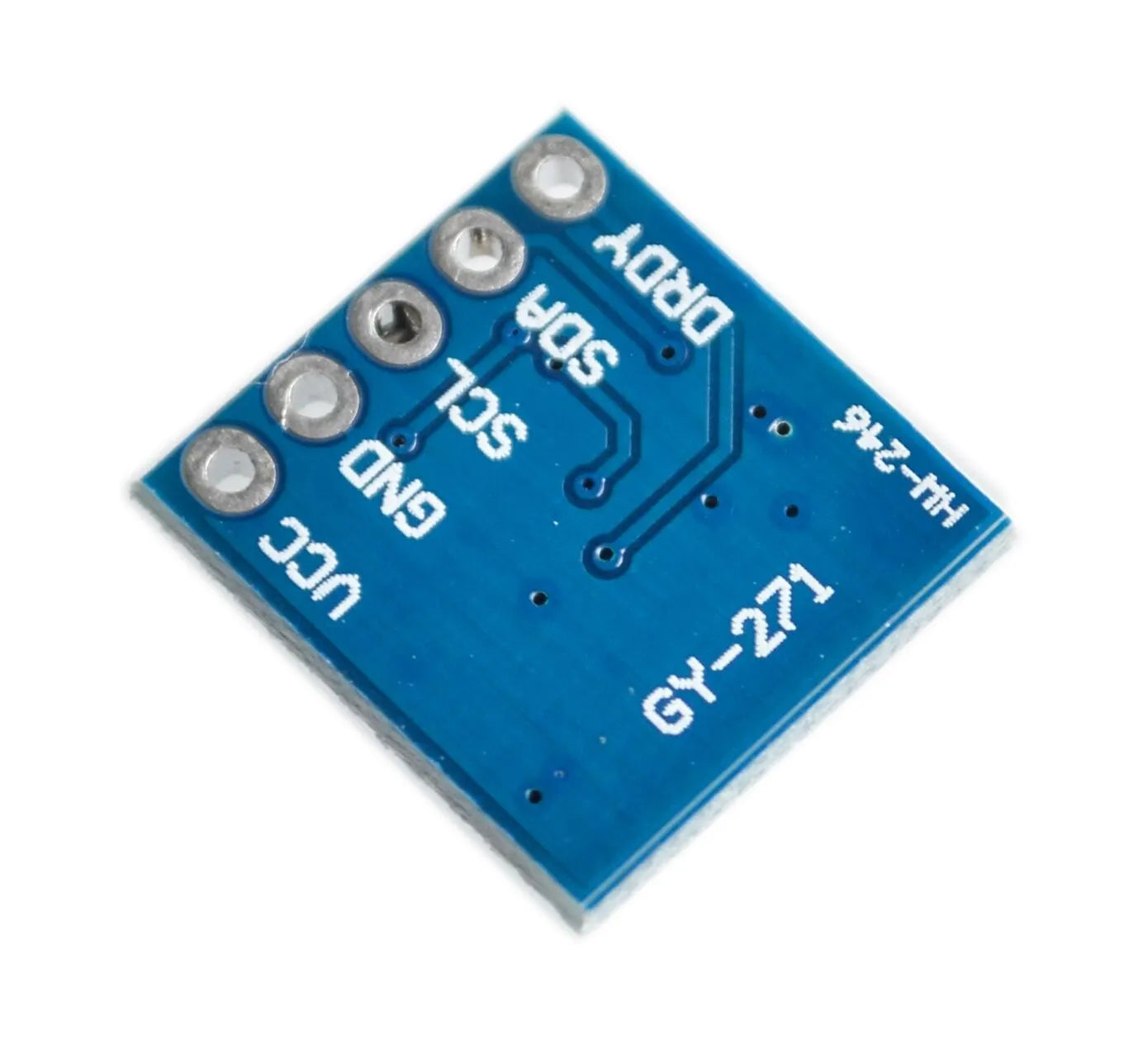 Gy 271 3-axis Magnetic Electronic Compass Module - a small blue square circuit board with five pin holes labeled VCC, GND, SCL, SDA, and DRDY.